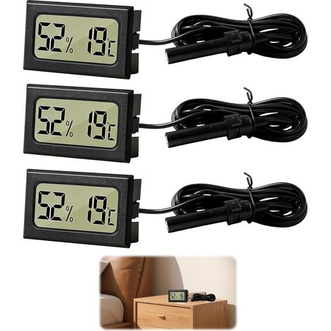 Digitales Thermometer-Hygrometer – 3er-Pack – Schwarzes ABS – Präzise externe Sonde – Für Reptilien, Gewächshäuser, Keller – Klares LCD-Display (1/5)