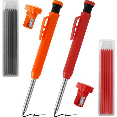 2 Crayons de Menuisier (orange et rouge) avec mines de rechange (noir et rouge) 2,8 mm – Marqueur de trous avec taille-intégré - Coffret de Crayon de Charpentier pour trous profonds avec étui (1/5)