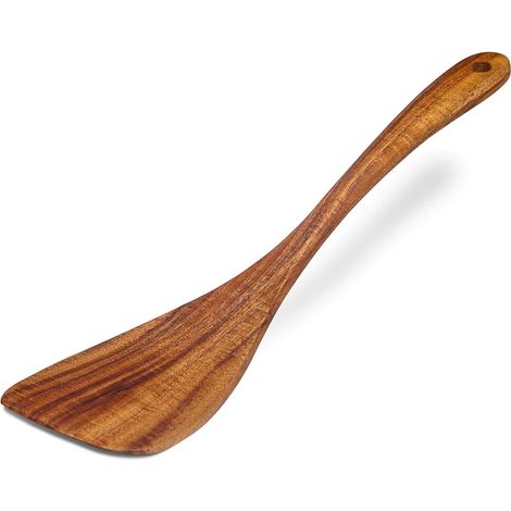 Dos espátulas antiadherentes de madera de acacia con mango largo a la derecha, hechas a mano para freír. Un regalo ideal para madres, esposas y abuelas. Perfectas para cocinar huevos, pescado y panque (1/5)