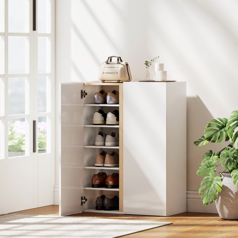 Scarpiera con chiusura ammortizzata, design a 6 ripiani senza maniglie, può contenere fino a 18 paia di scarpe, ideale per corridoio, ingresso, in legno, bianca.