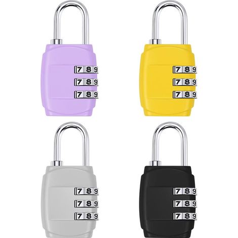 Lot de 4 cadenas à combinaison 3 chiffres avec corps en alliage pour valise, sac de voyage, abri de salle de sport, antivol de vélo - Noir, argent, jaune, violet (1/5)