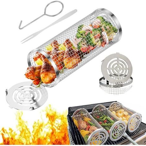 Edelstahl-Barbecue-Korb, rollendes Grillgitter mit Haken für Gemüse, Fisch und Fleisch (21x9x9 cm)