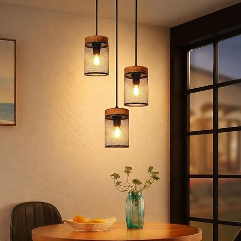 GBLY Lampada a Sospensione Tavolo da Pranzo 3 Luci Nera Sospensione Legno Vintage Lampada Sala da Pranzo E14 Lampada Sospesa Stile Industriale Lampada Tavolo da Pranzo Retro per Soggiorno Sala da Pran (1/5)