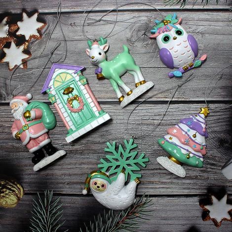 Lot de 6 décorations de Noël en résine : sapin, Père Noël, renne, style minimaliste, boîte cadeau assortie. (1/5)