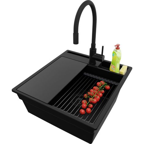 PRIMAGRAN Evier Cuisine en Granit 48x53cm, Lavabo 1 bac + Kit de Vidage + Accessoire, Évier à Encastrer au meuble 50cm - Oslo Pocket, Tout Noir (1/5)