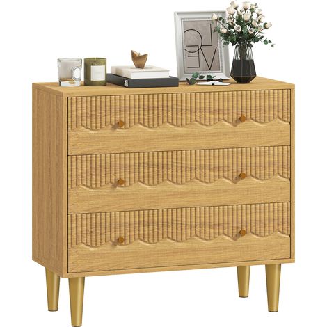 HOMCOM Chest of Drawers, 3 Drawer Dresser Steel Legs and Wooden Top, Oak