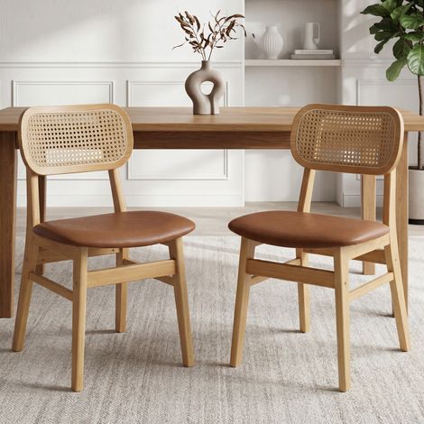 Wahson Esszimmerstühle 2er Set PU Leder Küchenstühle, Rattan Polsterstuhl mit Rückenlehne für Esszimmer/Wohnzimmer/Küche, Braun