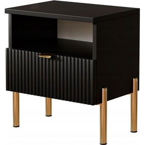 Table de Chevet Noire Moderne – Façade Rainurée, Pieds Métal Dorés, Meuble de Chambre, Rangement Pratique 40x30x44 cm (1/5)