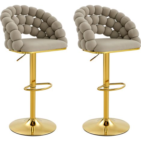 Lot de 2 tabourets de bar gris en velours avec dossier chaînes sphériques et structure réglable dorée (1/5)
