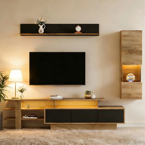 Ensemble MeubleTV 3 Pièces avec LED, Meuble Salon: Meuble TV + Vitrine + Étagère Suspendue, 3 Tiroirs, Compatible TV jusqu'à 80" (1/5)