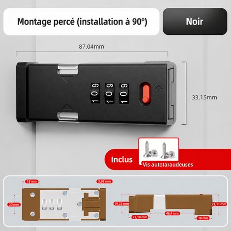 Verrou de porte à code à angle droit 90° à vis en alliage de zinc et plastique noir noir 90 réf 3334 11 × 5 × 3,2 cm 235 g – Livraison gratuite