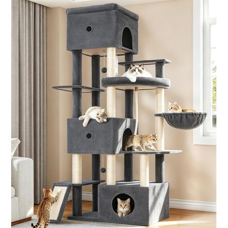 Arbre à Chat XXL, 200cm Grand Tour de Jeux pour Chats, Gris Foncé Arbre à Grimper avec 3 Niches, 7 Griffoirs, Panier, Hamac, Pompons, pour Usage Intérieur (1/5)