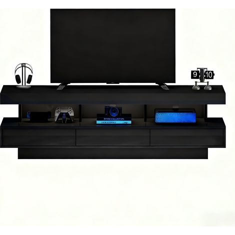 160×38×50,5 cm Meuble TV noir brillant avec 3 étagères en verre, éclairage LED, contrôle via application et connectivité Bluetooth, pour téléviseurs jusqu’à 70 pouces (1/5)