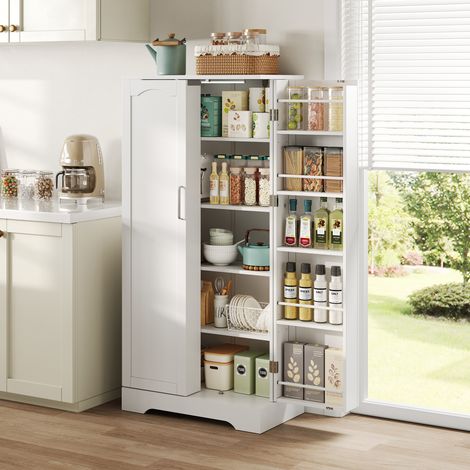 Meuble de cuisine multifonctionnel Blanc 60 x 35 x 128 cm avec éclairage LED à détection, tablettes ajustables, meuble 2 portes avec rangement et anti-basculement