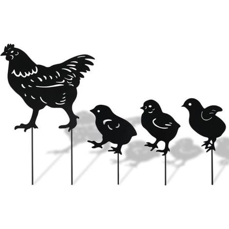 Piquets de jardin - Sculpture de poule - Statue en métal - Couleur noire - Lot de 4 - Résistants aux intempéries (1/4)