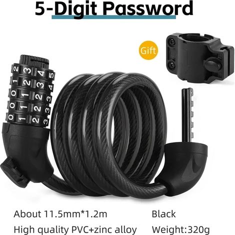 (Noir) Antivol de vélo portable, cadenas à combinaison à 5 chiffres, convient aux VTT et aux vélos électriques, antivol. (1/5)