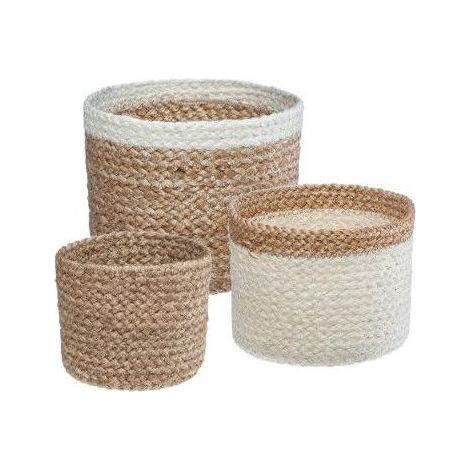 Atmosphera – Lot de 3 paniers de rangement en jute naturel et blanc – Forme cylindrique – Dimensions : D. 11,5/16/19 cm – Pour rangement jouets et accessoires