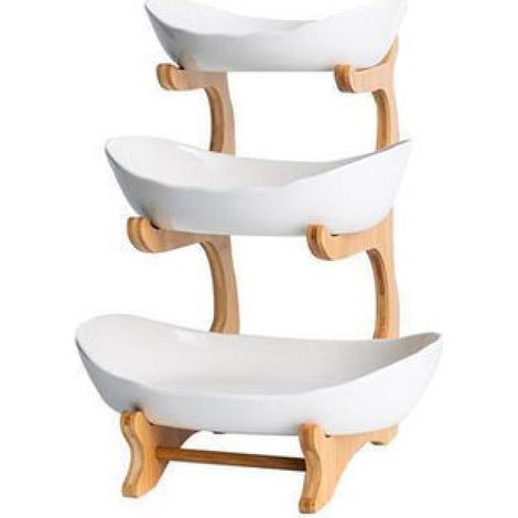 Plateau à fruits 3 niveaux en céramique, cadre bambou et bois, présentoir apéritif créatif (blanc) (1/5)