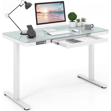 COSTWAY Escritorio Elevable 120X60 cm, Escritorio de Pie 2 Posiciones de Memoria y Anticolisión, Puertos USB Tipo-C, Standing Desk Regulable en Altura 73-118 cm (Blanco)