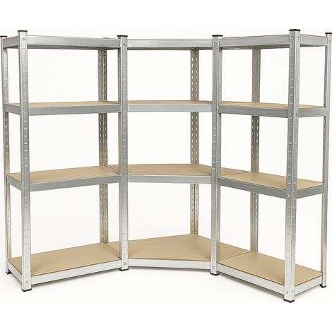 Euro Vanadium – Triple étagère d'angle 4 niveaux 150 x 30 x 140 cm – Charge max 1560 kg – Acier galvanisé et MDF – Montage rapide