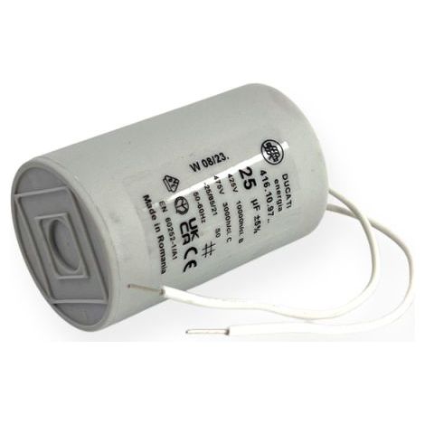 Ducati Energia – Condensateur permanent 25µF – Ø45x70mm – Longueur des fils 150mm – Compatible moteurs monophasés 220V – Homologué VDE EN60252-1