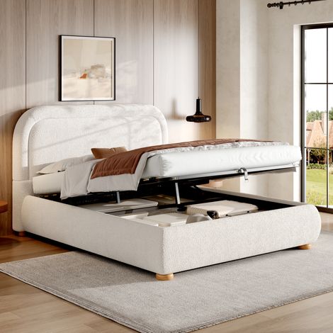 Letto contenitore 160x200 cm bianco in tessuto bouclé con testiera imbottita - MEUBLIV (1/5)
