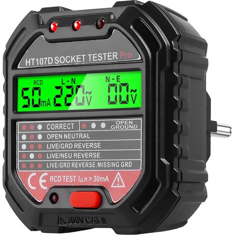 Digitales LCD-Steckdosenprüfgerät, 6 Betriebsmodi, FI-Schutzschalterprüfung, 10-A-Elektroskop, Kontrollleuchte, 90–250 V/45–65 Hz (1/5)