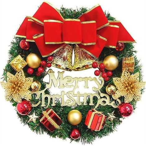 Couronne de Noel Porte 35 cm Couronne Fleurs Artificielle Suspendues Décoration Noel avec Bowknot Jingle Guirlande Sapin de Noël Porte Décoration de Guirlande pour Cadre de cheminée Murale (1/5)
