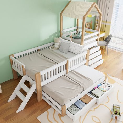 Letto bambini 90x200 cm con letto estraibile 90x190 cm, scala laterale, contenitore, legno bianco (1/5)
