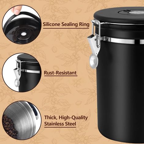Luftdichte Edelstahl-Kaffeedose, 18 l – Aufbewahrungsbehälter für Kaffeebohnen – luftdichter Edelstahl – Messlöffel, schwarz – Kaffeedose mit Datumsanzeige für Kaffeebohnen – hält Kaffee länger frisch (1/4)
