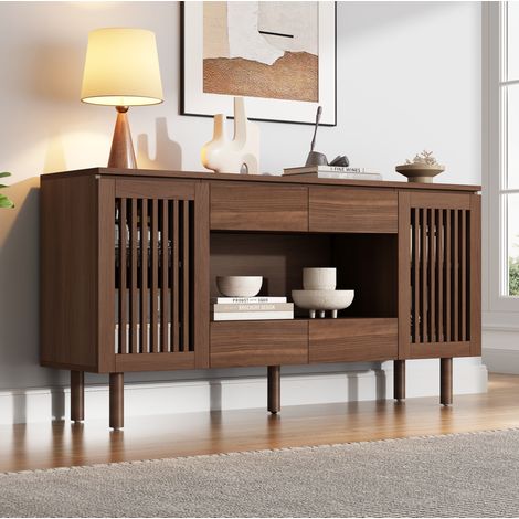 Buffet bas 140 x 35 x 71 cm MDF noyer, 4 tiroirs et 2 portes pour salon - CHICFURN (1/5)