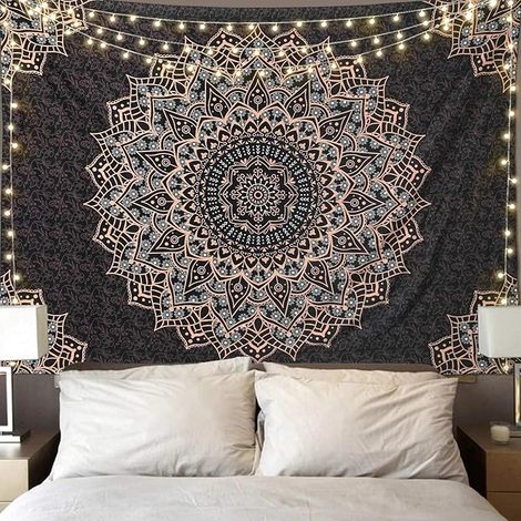 BEBUSINGOTO Tapiz de mandala negro para colgar en la pared, psicodélico, estético, indio, hippie, bohemio, decoración del hogar, para dormitorio, sala de estar (150 x 130 cm) (1/5)