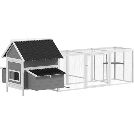 Poulailler pour 7-10 poules avec perchoirs, balançoire, fenêtres, pondoirs, grillage gris