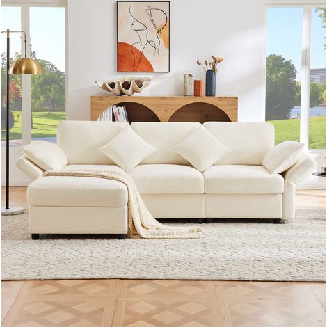 Sofá esquinero modular 218x156,5x86 cm de chenilla beige para salón FloraGrace (1/5)
