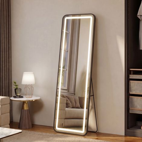 Specchio a figura intera con illuminazione a LED - 150x40 cm - In vetro temperato rettangolare con angoli arrotondati, illuminazione tattile - Dorato (1/5)