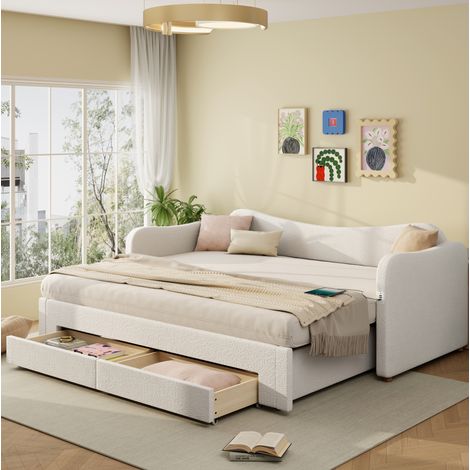 Letto adulto 90x200 cm con 2 cassetti, funzione estraibile fino a 180x200 cm, porte USB e Type-C, in tessuto beige, materasso non incluso