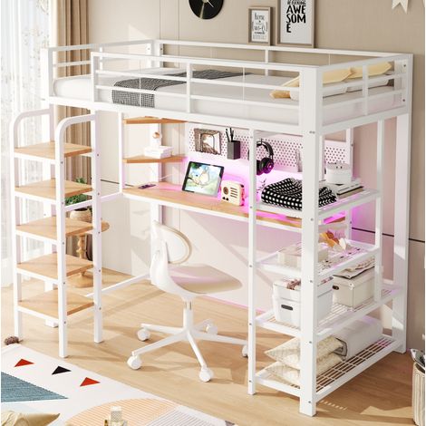 Letto con scrivania LED e mensola metallo 90x200 OKMYHOME (1/5)