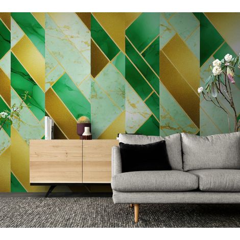 Papier Peint Géométrique - Marbre Vert et Doré - 150 x 250 cm (1/2)