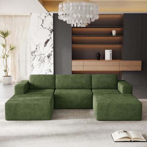 Modulares 3-Sitzer-Sofa in U-Form, Cordbezug, 2 Hocker, keine Montage erforderlich, für Wohnzimmer, 303 x 202 x 82 cm, Grün