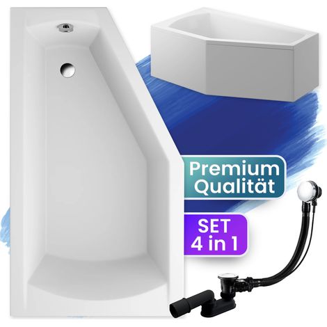 Badewanne Eckbadewanne 160x90 Links mit AcrylSchürze, Ablaufgarnitur & Füßen GRATIS - Komplettset 4in1 Original Acryl Wanne Siphon - BADLAND SELENA (1/5)