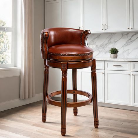 Tabouret de bar en cuir véritable et bois avec assise pivotante (1/5)