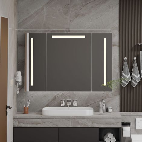 Mueble de baño con espejo e iluminación inteligente: tres puertas, iluminación LED integrada, diseño moderno. (1/5)