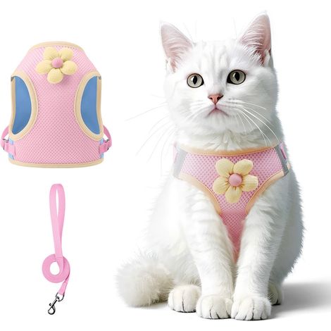 Harnais pour chat avec laisse - Harnais souple en forme de gilet - Bandes réfléchissantes - Motif en forme de fleur - Taille L