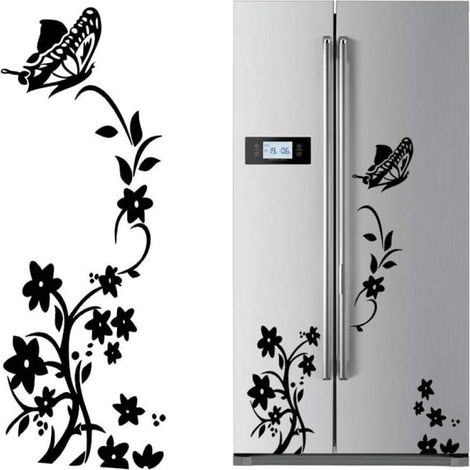 2 autocollants muraux en PVC à motif de fleurs noires et de vigne, pour réfrigérateur, avec retrait de papillons. (1/5)