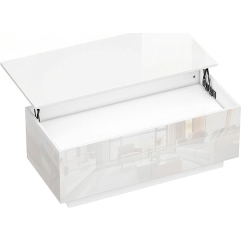 Table basse réglable en hauteur, table de salon moderne avec rangement dissimulé et 2 tiroirs, blanc brillant
