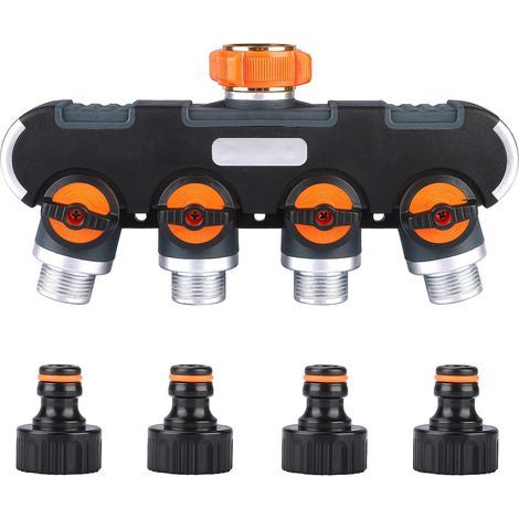 Distribuidor de 4 vías, divisor de manguera, flujo de agua ajustable y bloqueable, distribuidor de riego para jardín, conector de 3/4". (1/5)