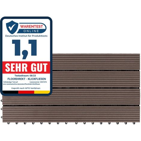 Floordirekt – Dalle de terrasse WPC marron foncé 60 x 30 cm – Système de clic – Résistante aux intempéries – Fonction de drainage