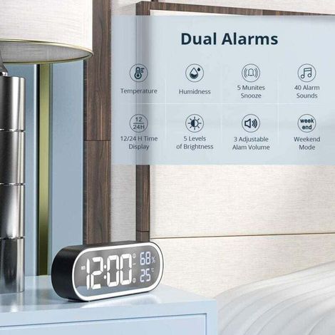 Réveil Numérique Miroir - Horloge Digitale LED - Grand Affichage Heure/Température/Humidité - 40 Musiques de Sonnerie - Snooze, Portable, Charge USB - Noir (1/5)