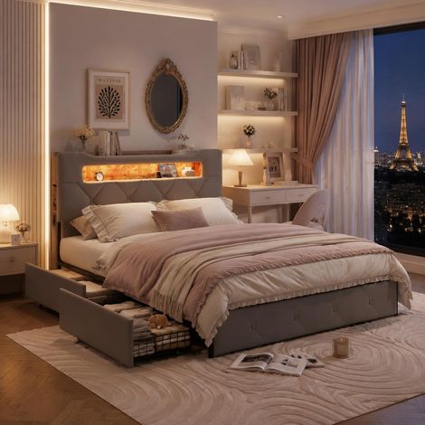 Lit adulte en velours gris 140x190 cm avec quatre tiroirs de rangement et éclairage LED intégré (1/5)