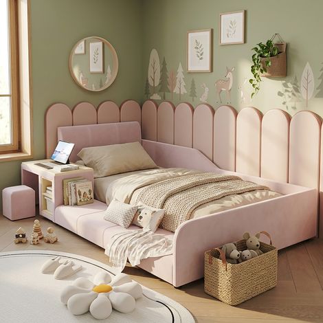 Letto imbottito per bambini 90x200 cm in velluto rosa, testiera imbottita, rete a doghe, set letto con scrivania, sgabello e ripiano contenitore (1/5)
